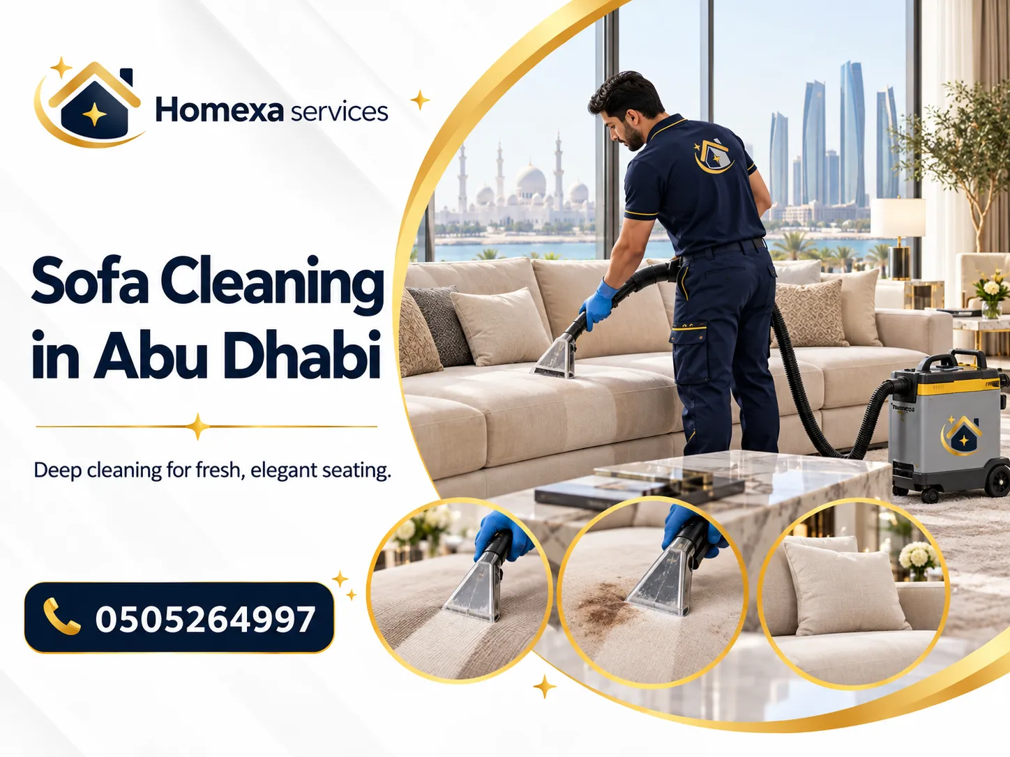 Sofa Cleaning in Abu Dhabi with upholstery stain treatment