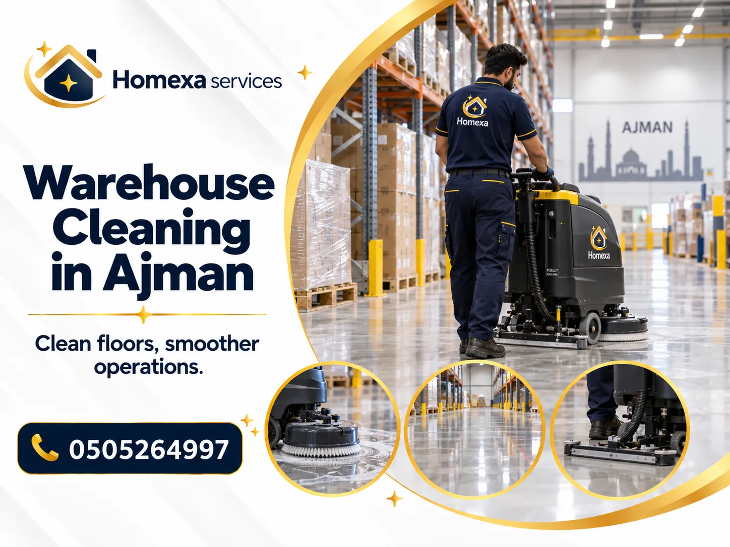 Warehouse Cleaning in Ajman for storage facilities floors aisles and racks