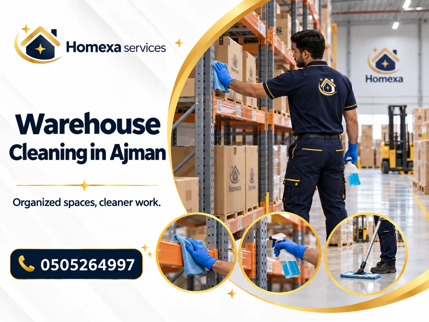 Warehouse Cleaning in Ajman for floors aisles loading areas and accessible racks