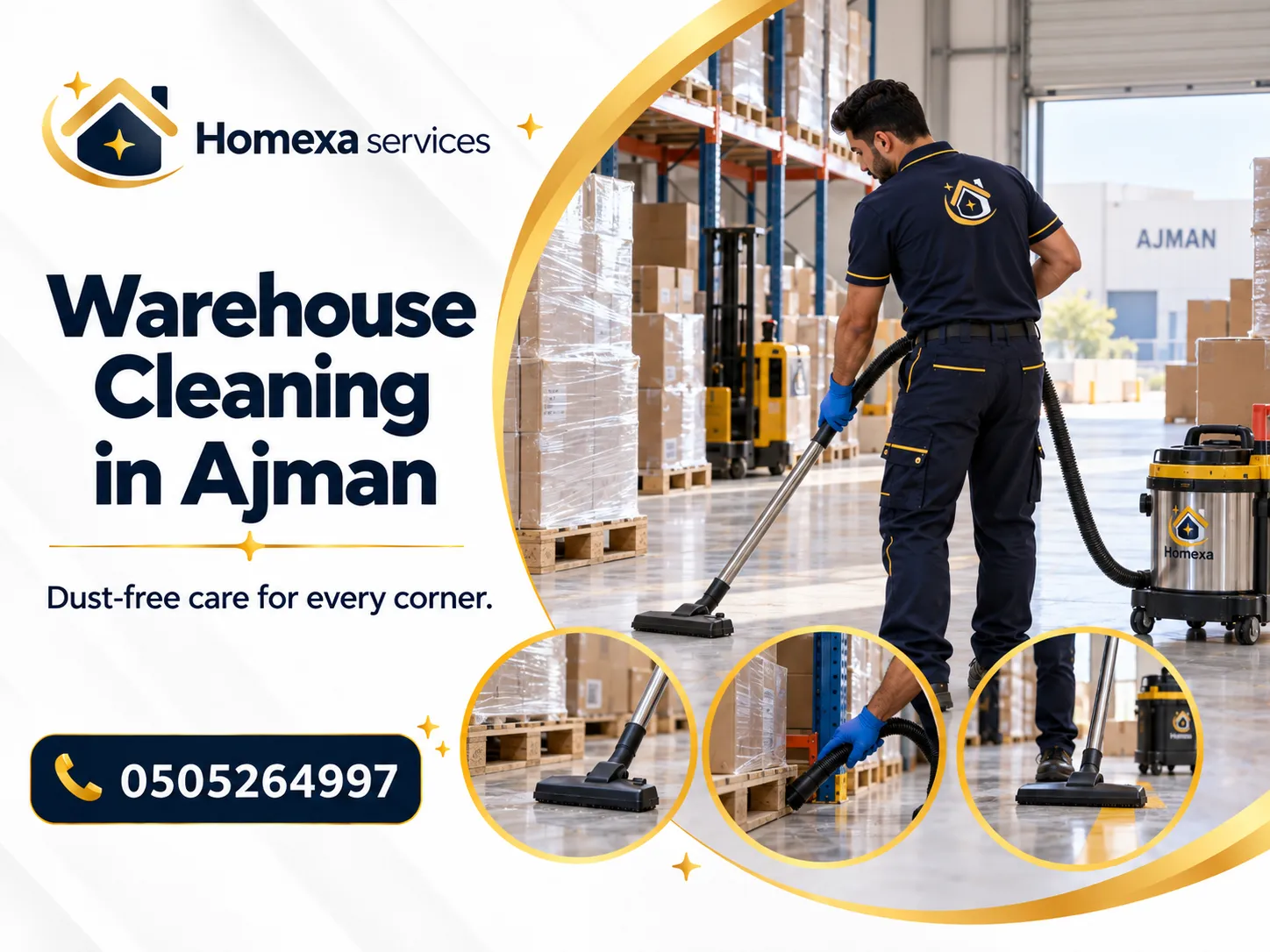 Warehouse Cleaning in Ajman process for storage facility floors aisles and racks