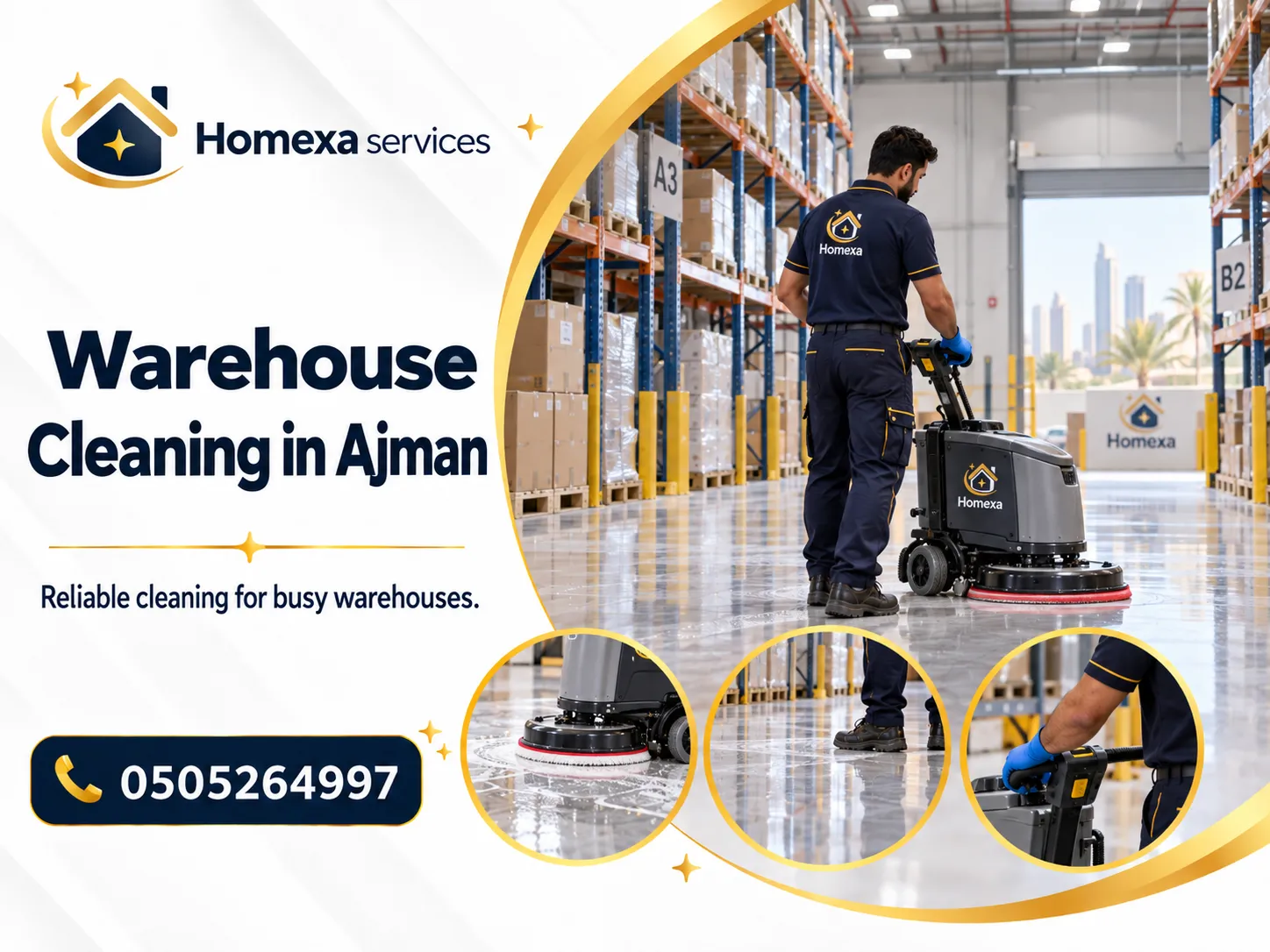 Final review after Warehouse Cleaning in Ajman for floors aisles loading areas and storage sections