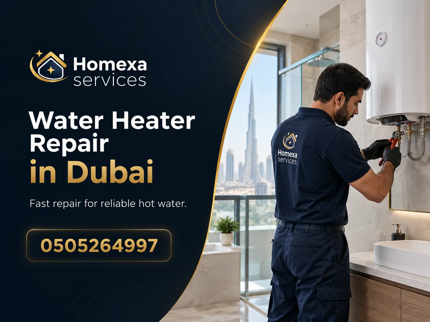 Water heater repair technician in Dubai inspecting an electric water heater