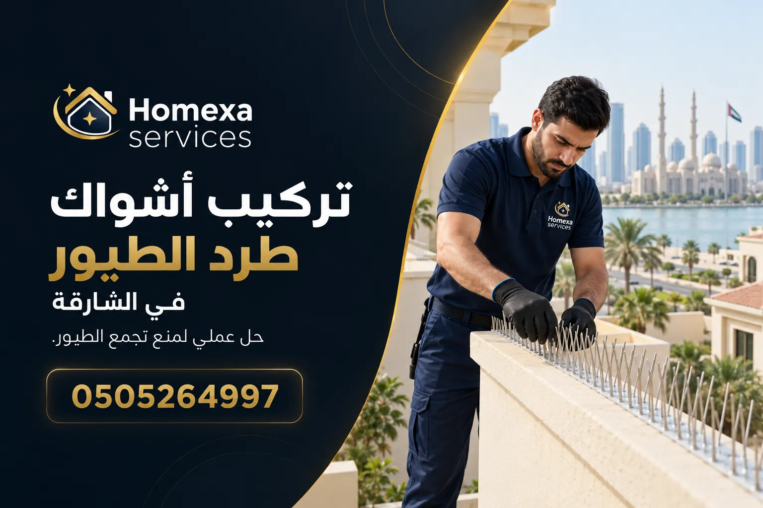 تركيب أشواك طرد الطيور في الشارقة بعد فحص حواف المبنى وأماكن تجمع الحمام