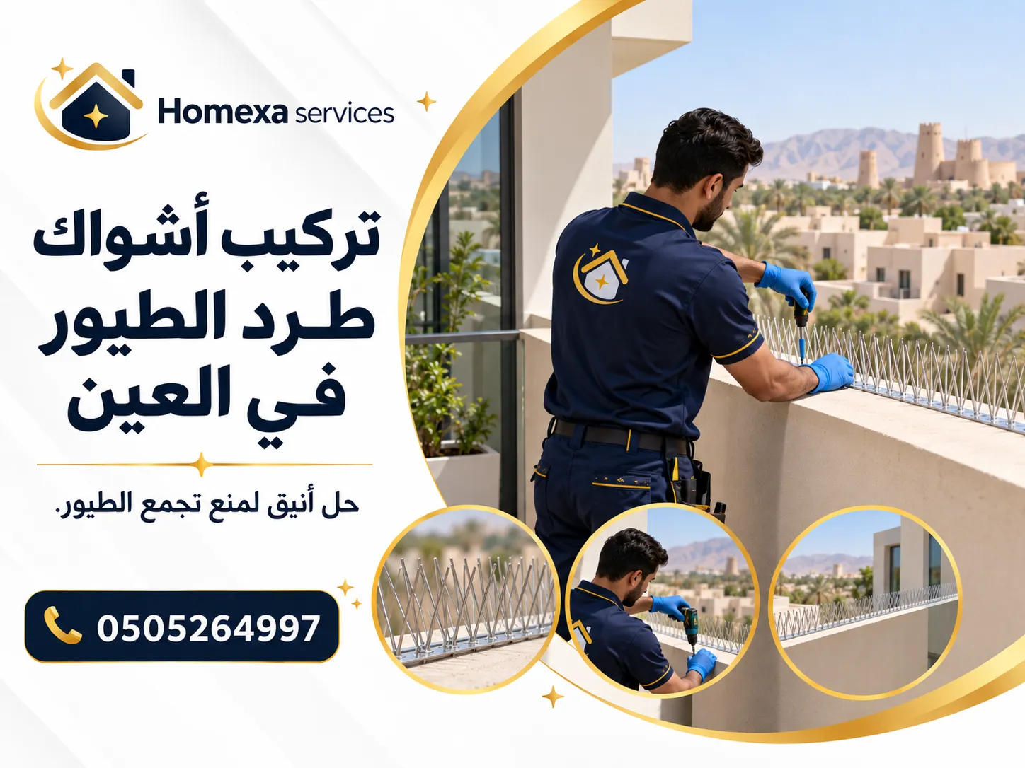 تركيب أشواك طرد الطيور في العين بعد فحص حواف الفيلا ونقاط تجمع الحمام