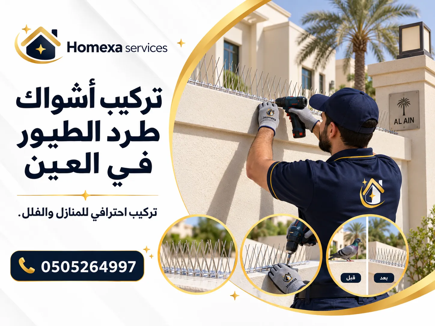 تركيب أشواك طرد الطيور في العين على الشرفات والأسوار وحواف الفلل