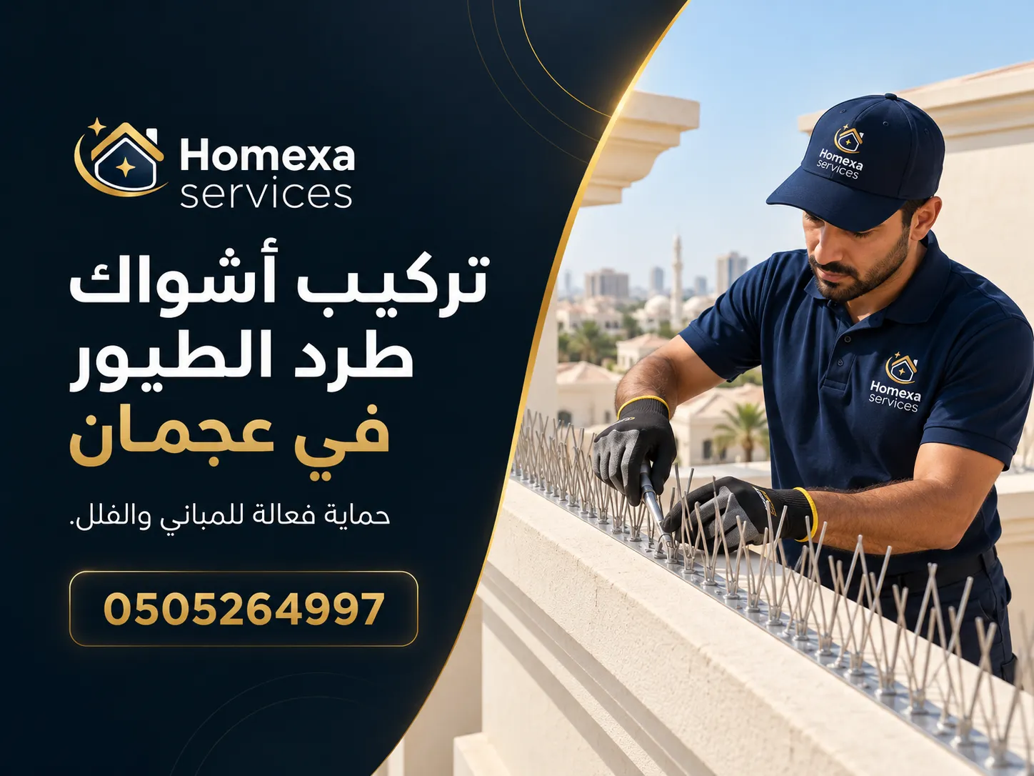 تركيب أشواك طرد الطيور في عجمان بعد فحص حواف المبنى وأماكن تجمع الحمام
