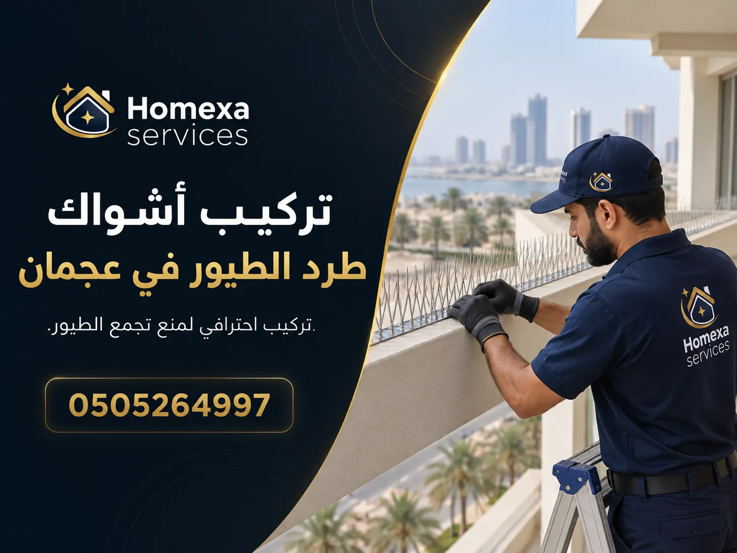 تركيب أشواك طرد الطيور في عجمان على حواف تستخدمها الحمام للوقوف