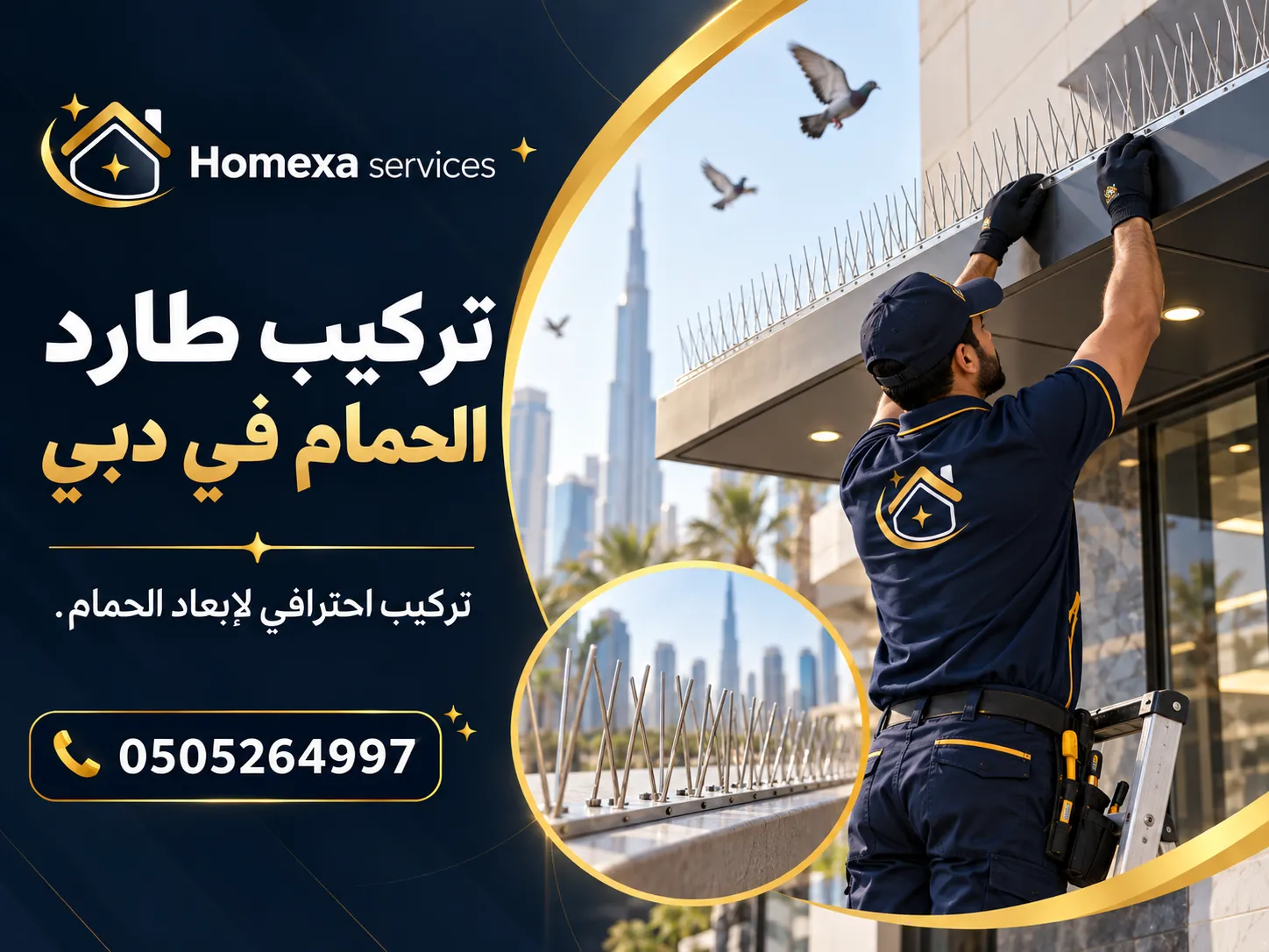 خطة تركيب طارد الحمام في دبي حسب نقاط الوقوف والارتفاع