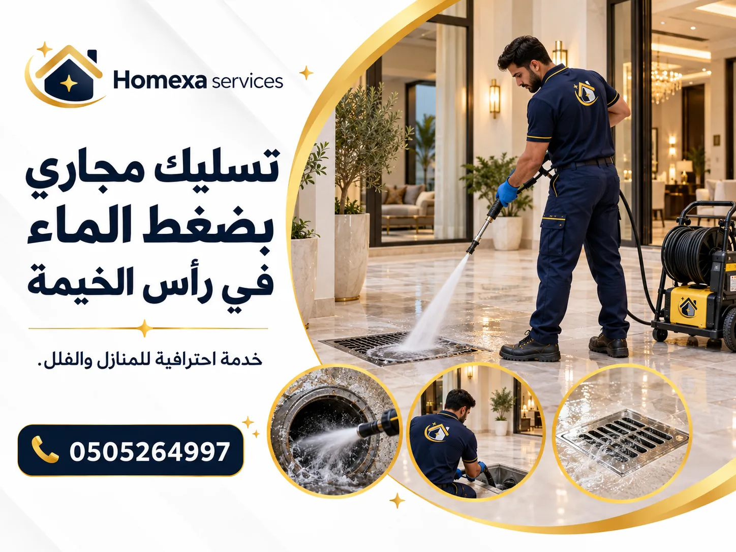 تسليك مجاري بضغط الماء في رأس الخيمة وتنظيف الرواسب داخل مواسير الصرف