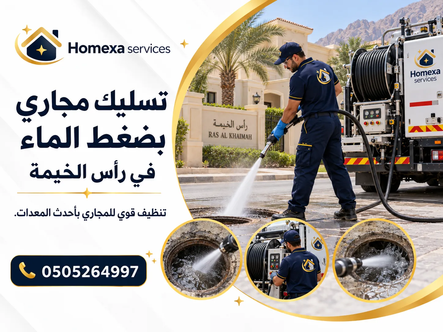 خدمة تسليك مجاري بضغط الماء في رأس الخيمة وتنظيف خطوط الصرف