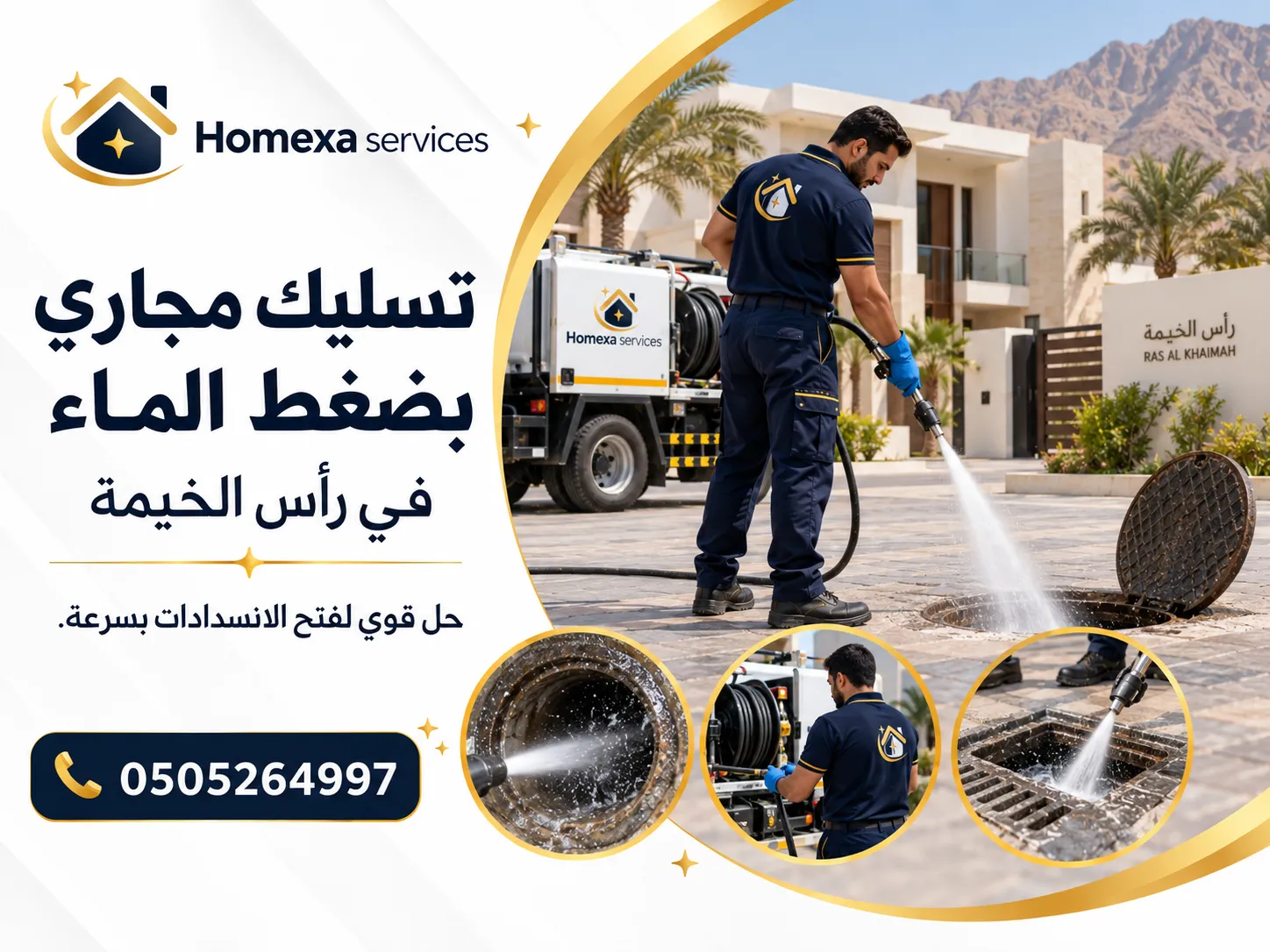 تسليك مجاري بضغط الماء في رأس الخيمة باستخدام معدات تنظيف خطوط الصرف