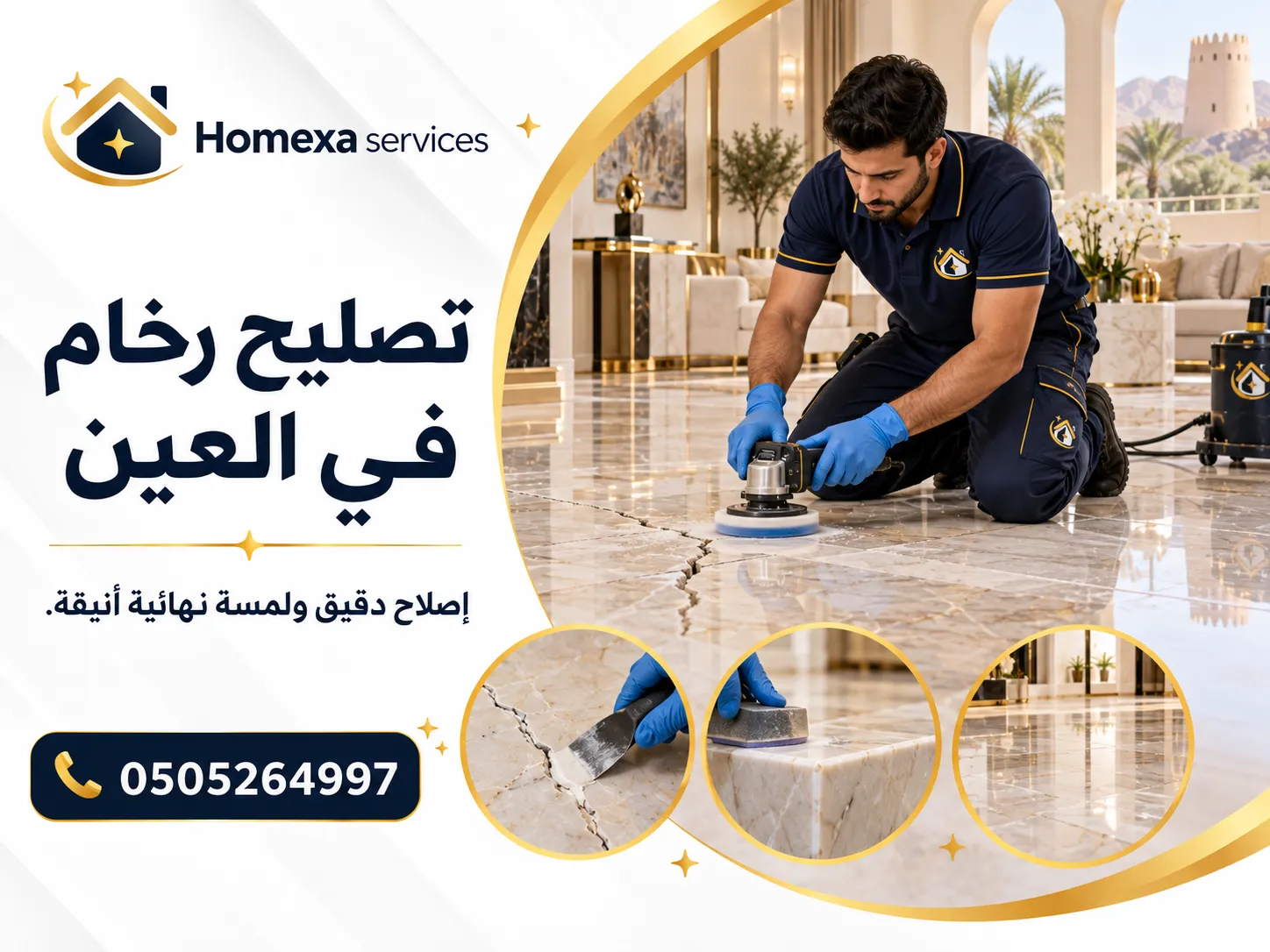 تصليح رخام في العين للأرضيات والسلالم والمداخل والقطع المتضررة