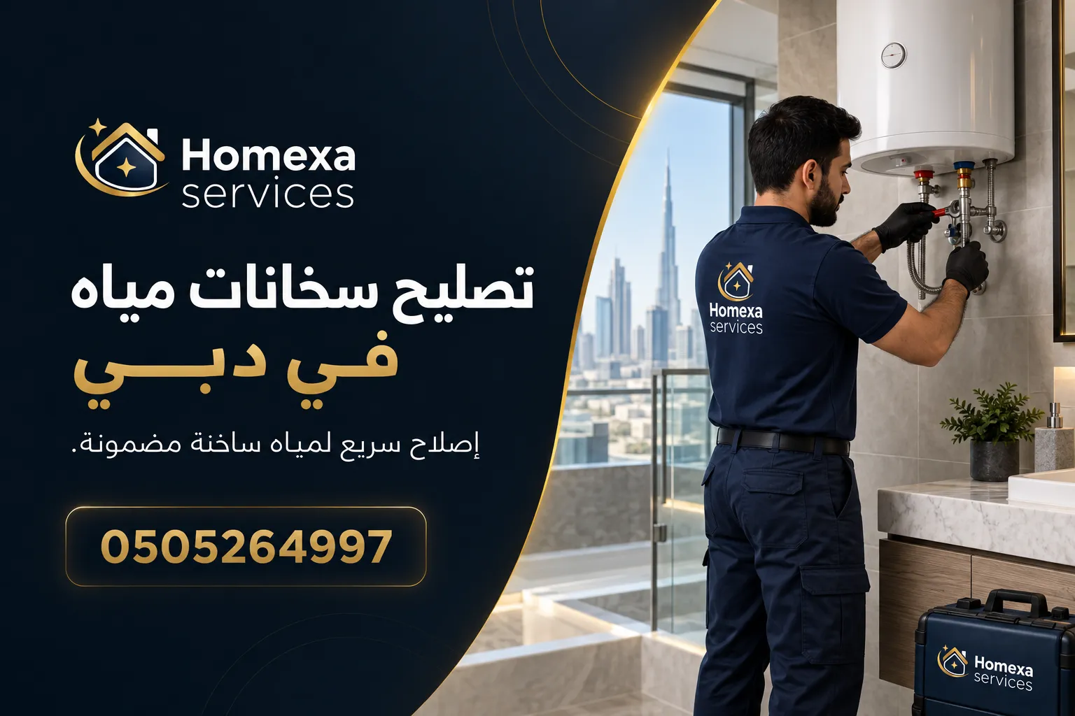 فني تصليح سخانات مياه في دبي أثناء فحص سخان كهربائي