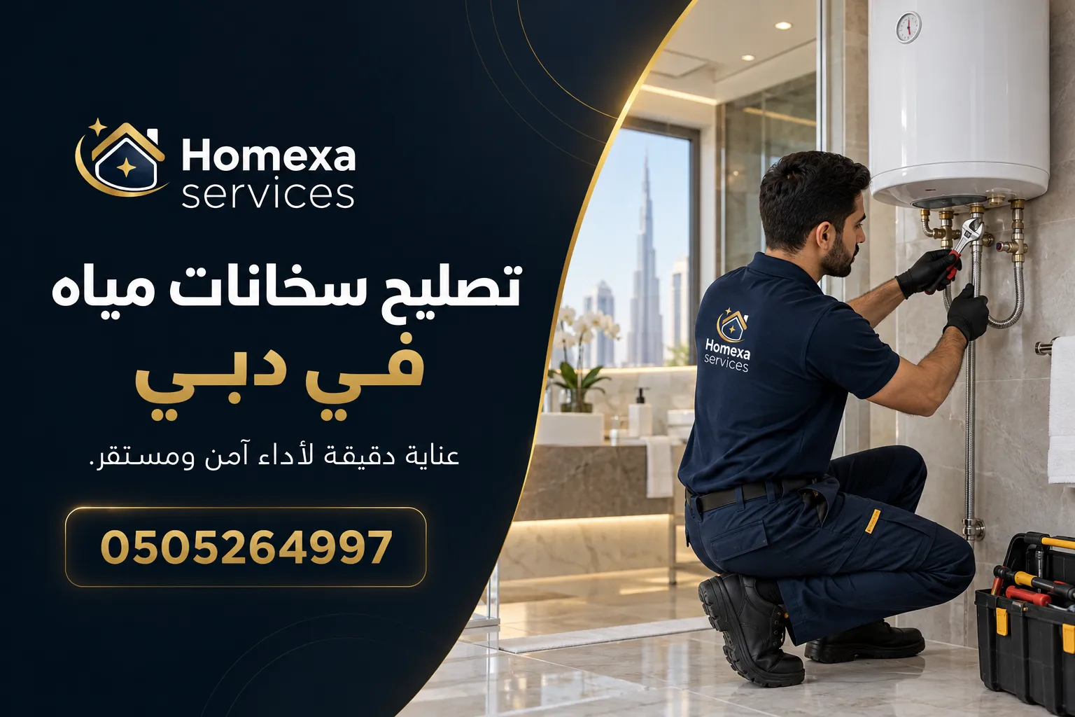 فني يفحص أجزاء سخان كهربائي ضمن خدمة تصليح سخانات مياه في دبي