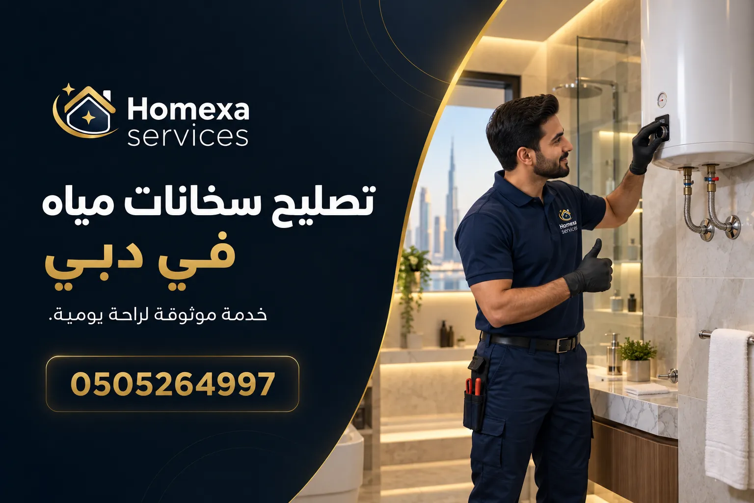 فني متخصص أثناء تنفيذ تصليح سخانات مياه في دبي
