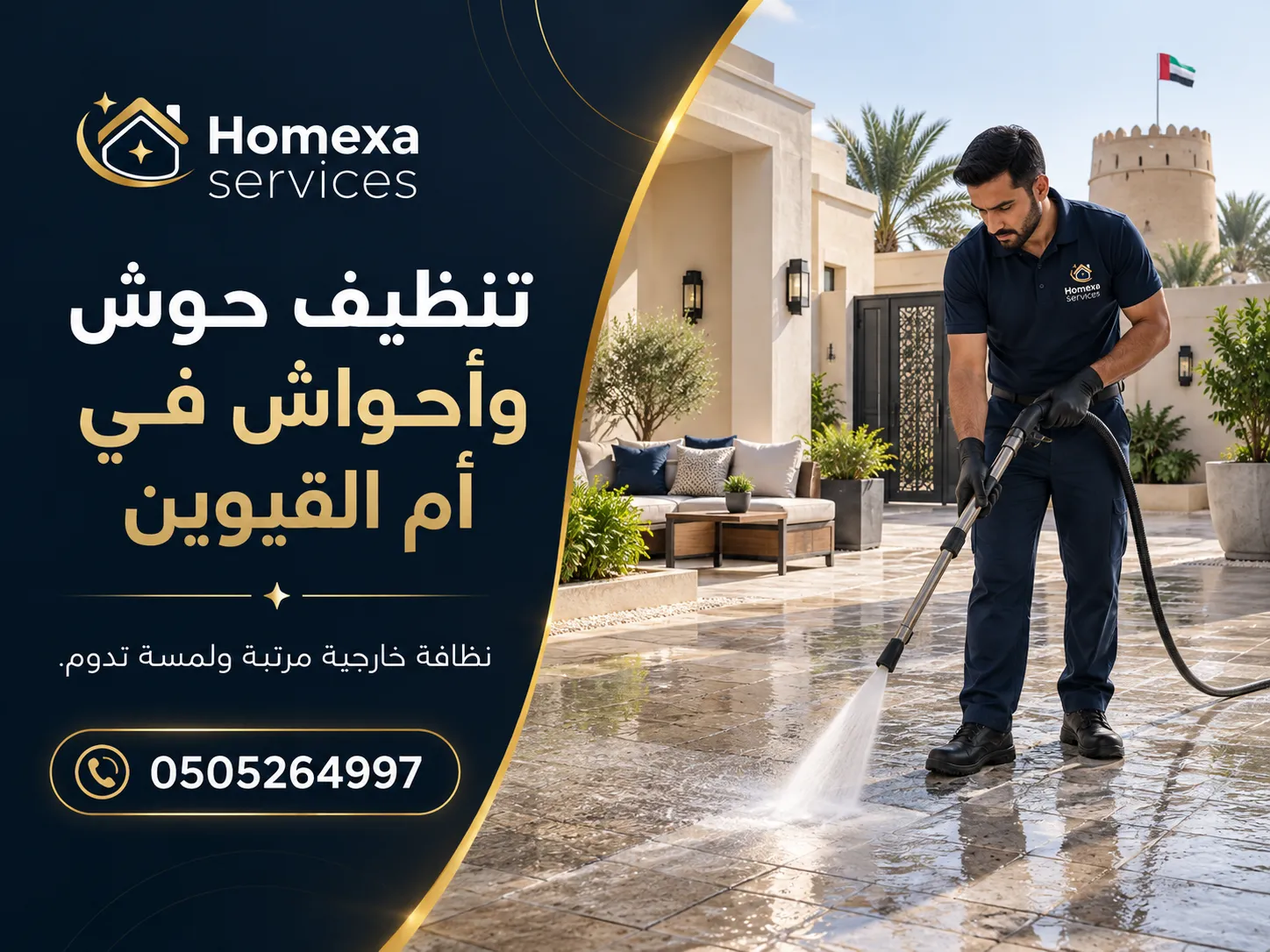 تنظيف حوش وأحواش في أم القيوين وغسيل الساحات الخارجية للفلل