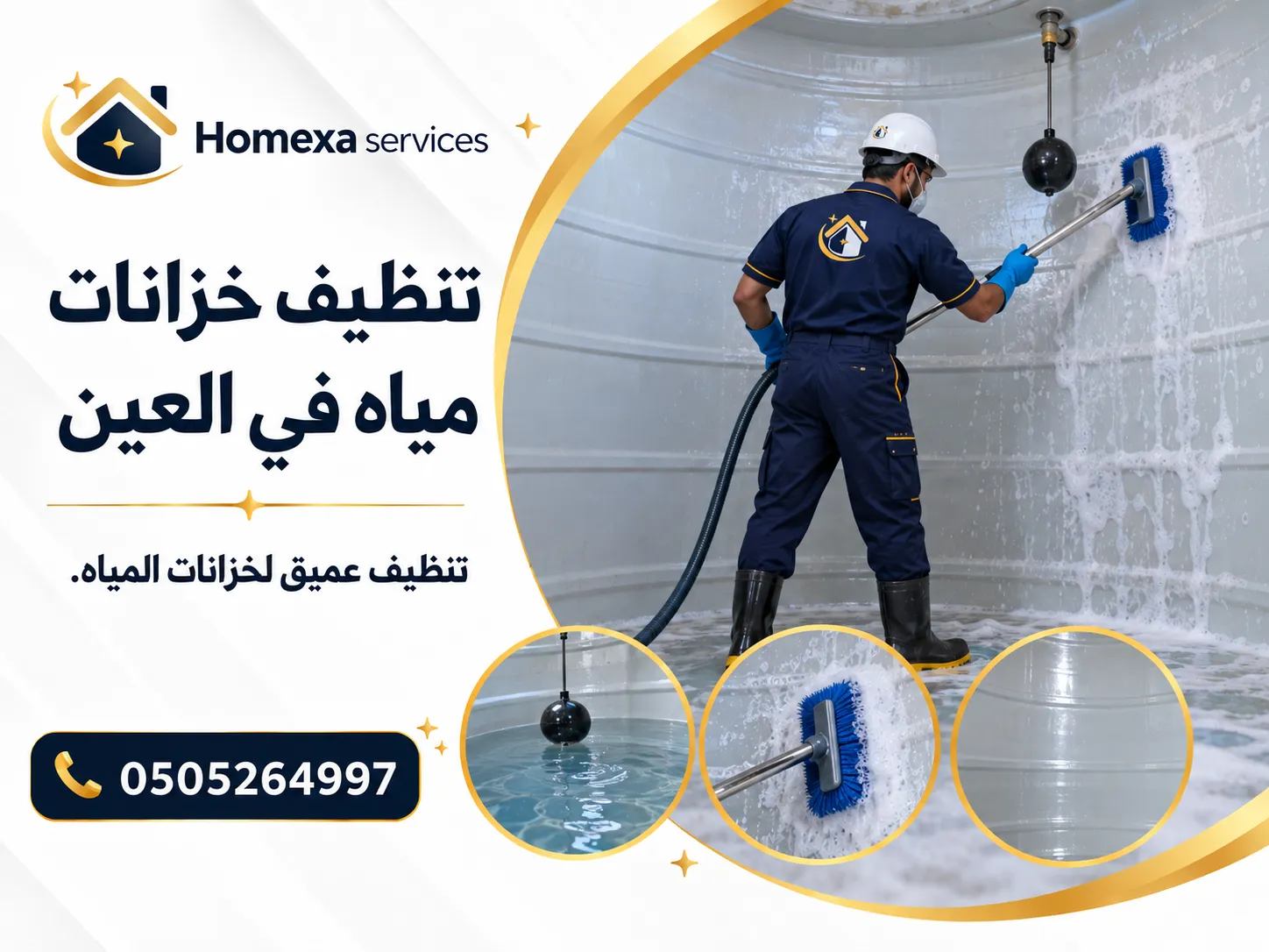 إزالة الرواسب أثناء تنظيف خزانات مياه في العين