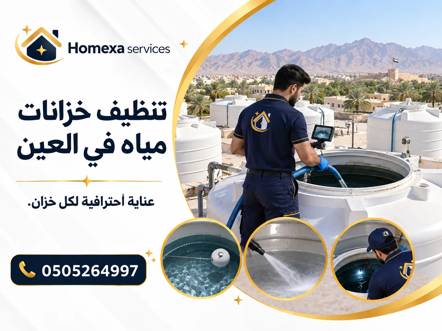 المراجعة النهائية بعد تنظيف خزانات مياه في العين