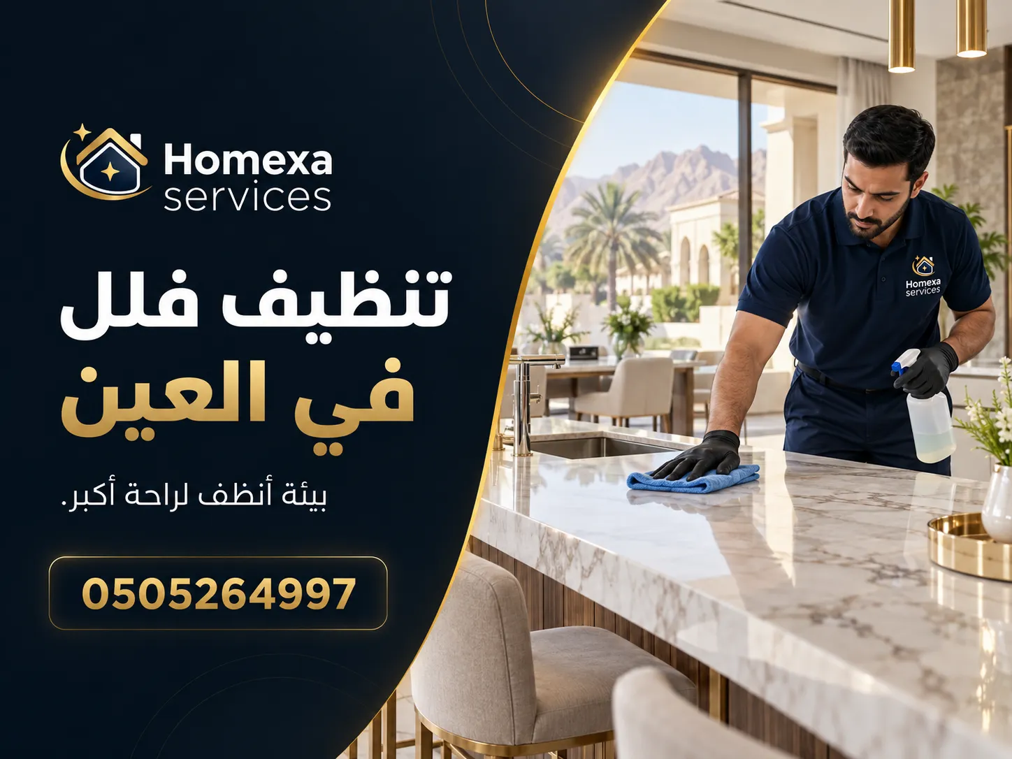 تنظيف فلل في العين بواسطة فريق تنظيف للغرف والمجالس والأرضيات
