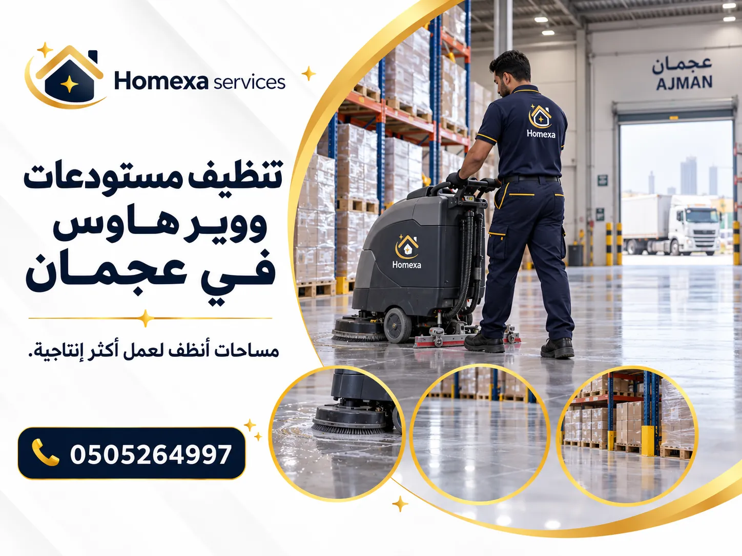خدمة تنظيف مستودعات في عجمان للأرضيات والممرات والرفوف ومناطق التحميل