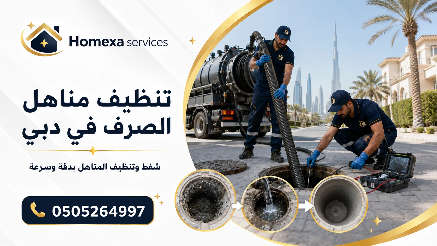 تنظيف منهل الصرف في دبي من الرواسب والأوساخ والمياه الراكدة