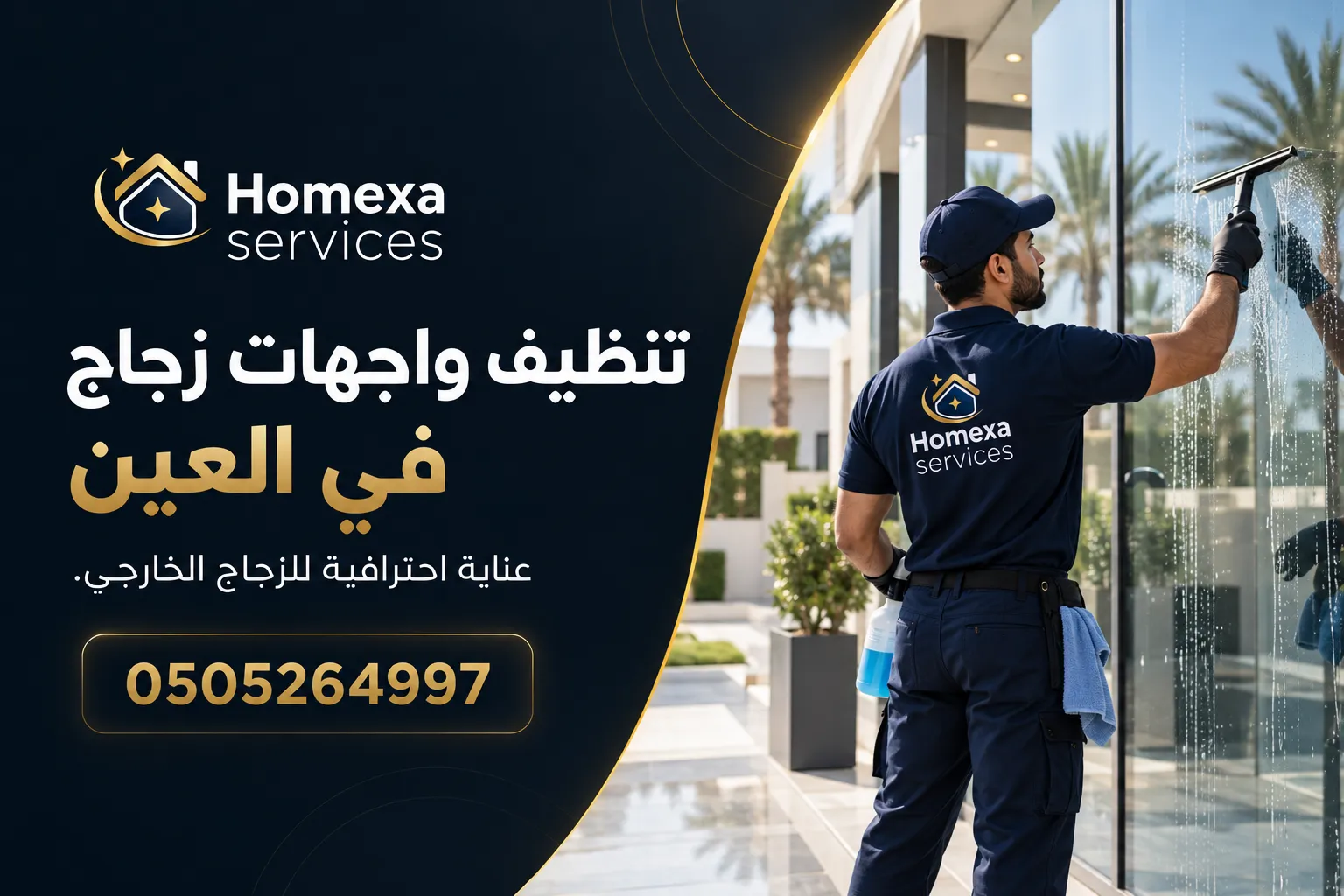 تنظيف واجهات زجاج في العين ومراجعة حالة الألواح الزجاجية الخارجية