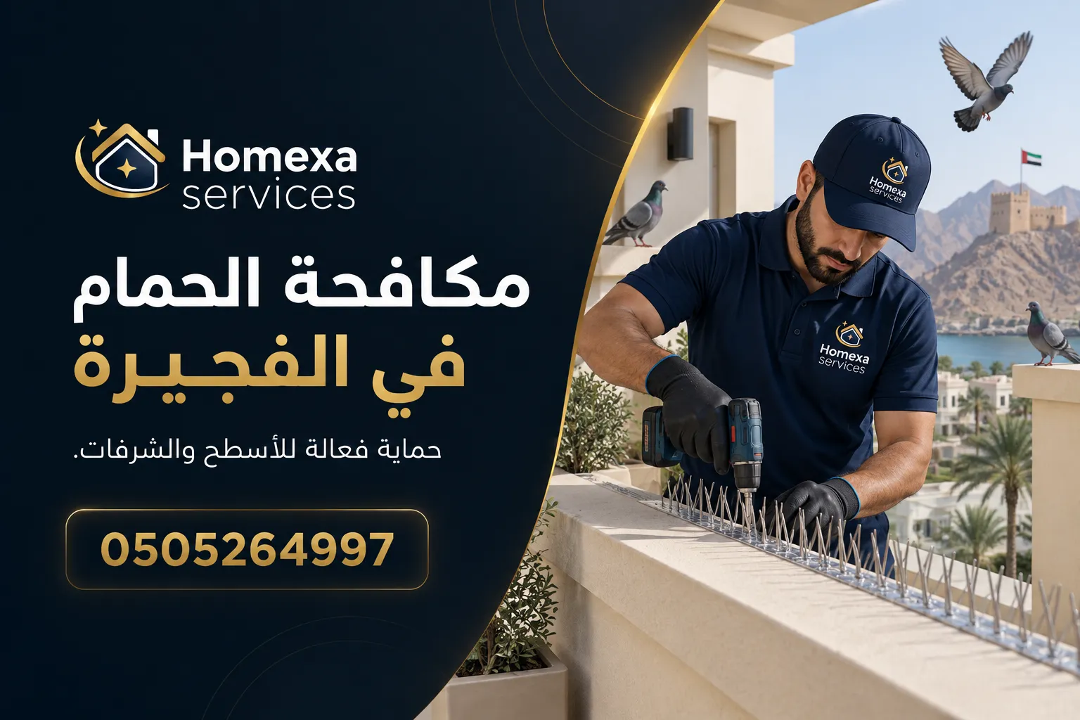 مكافحة الحمام في الفجيرة وحماية المباني من وقوف الطيور