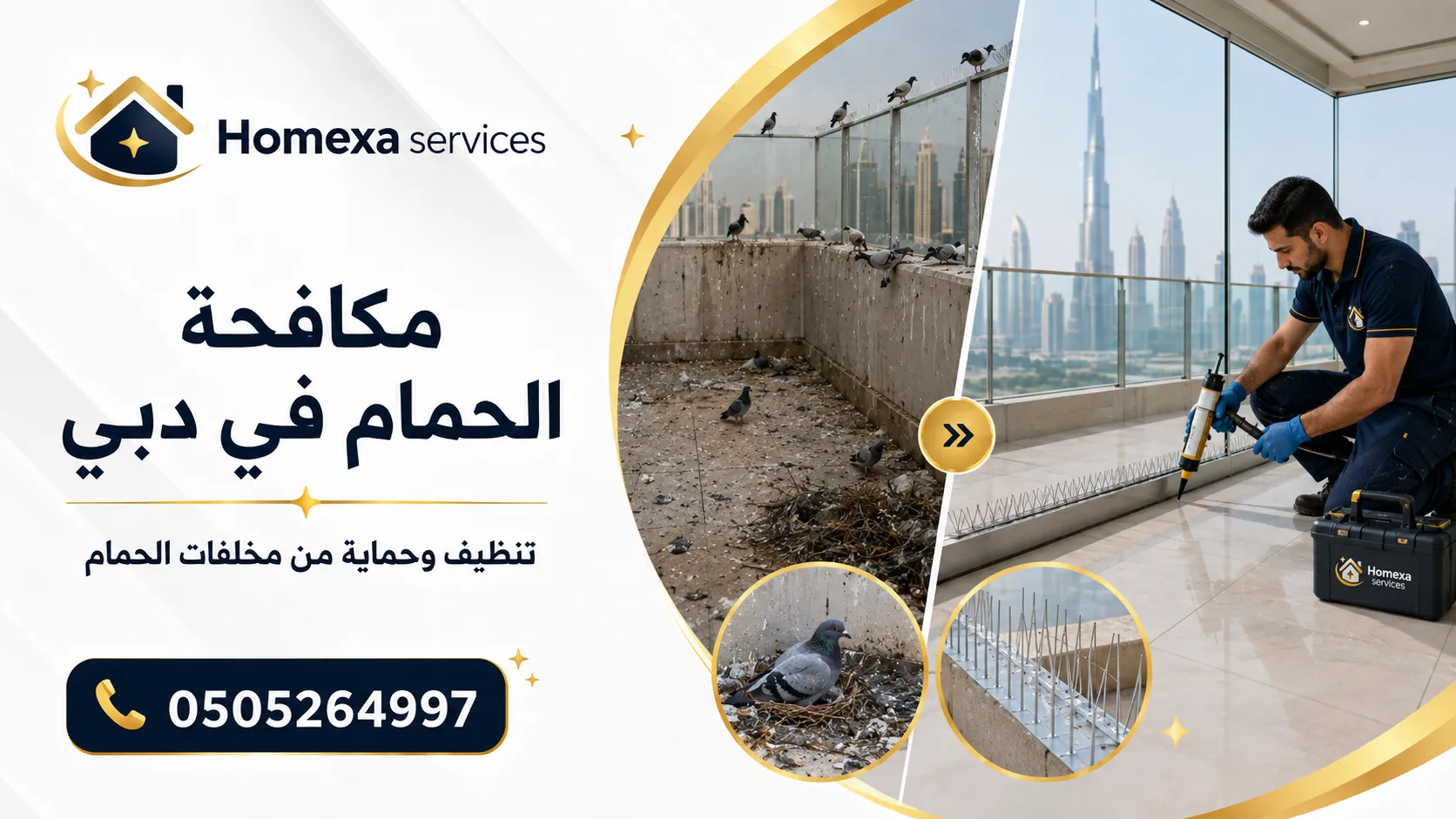 حجز خدمة مكافحة الحمام في دبي مع Homexa Services