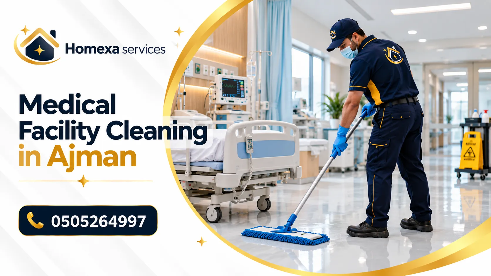 Cleaning different areas inside a medical facility in Ajman