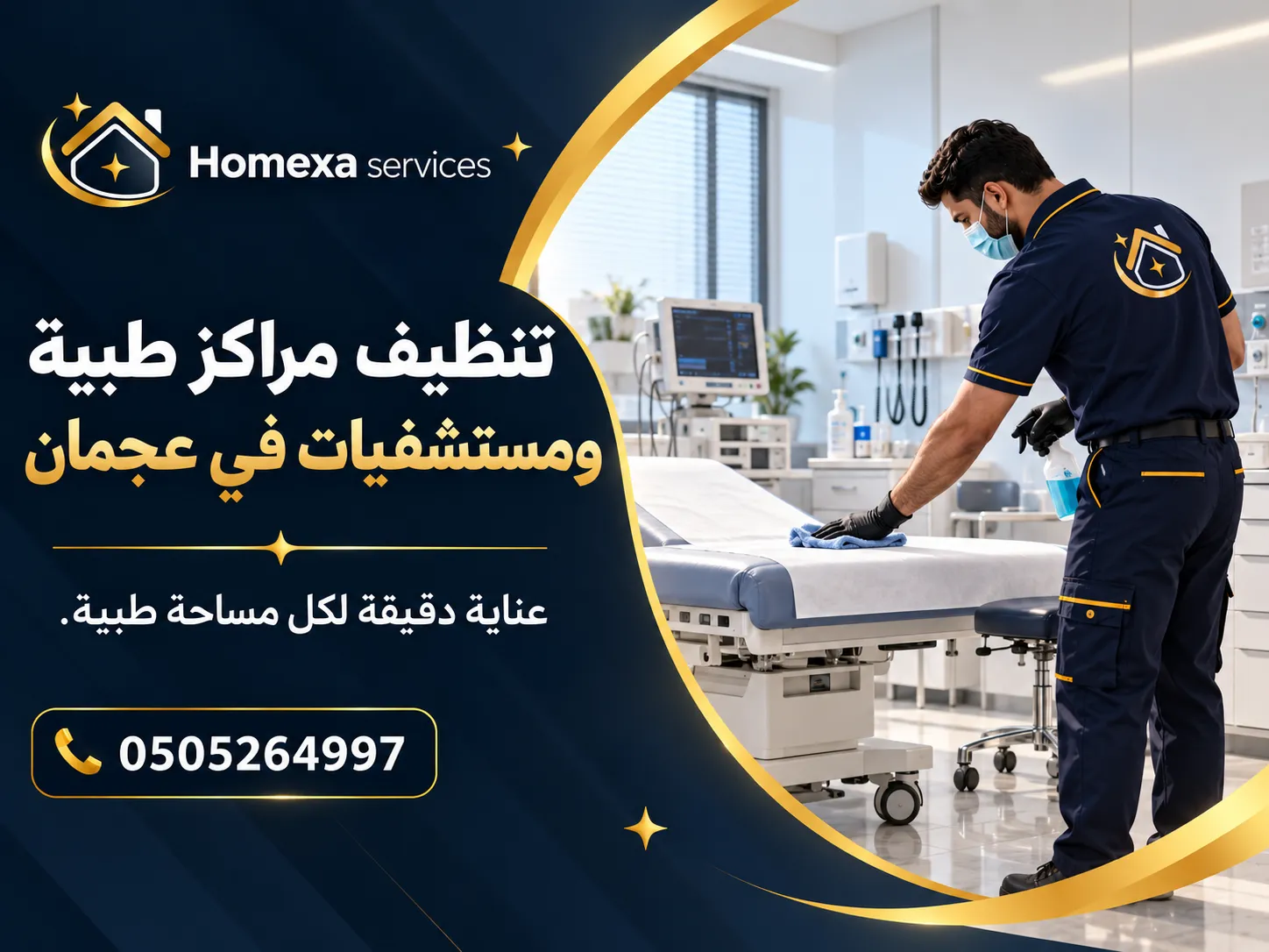 عامل تنظيف داخل مركز طبي في عجمان أثناء تنظيف الأقسام والممرات