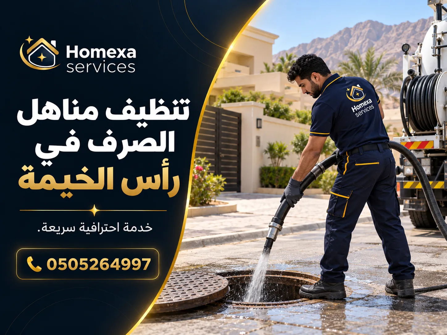 تنظيف مناهل الصرف وخطوط المجاري في رأس الخيمة